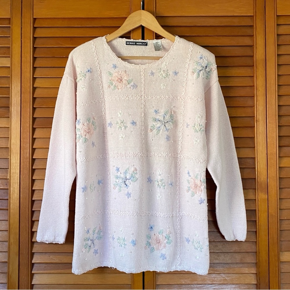 Vintage Debbie Morgan Sweater Women's Size Small Embroidered Pearls Ribbon Knit